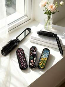 This 2-In-1 Folding Comb With Mirror And Massage Function, Printed With Cute Star, Heart, Sunflower And Colorful Flower Patterns. Portable And Lightweight, Perfect For Daily Commute, Business Trip, Travel, Outdoor Activities, Dating And Student Dorm Use, A Convenient And Practical Hair Styling Tool. - Black - View 7