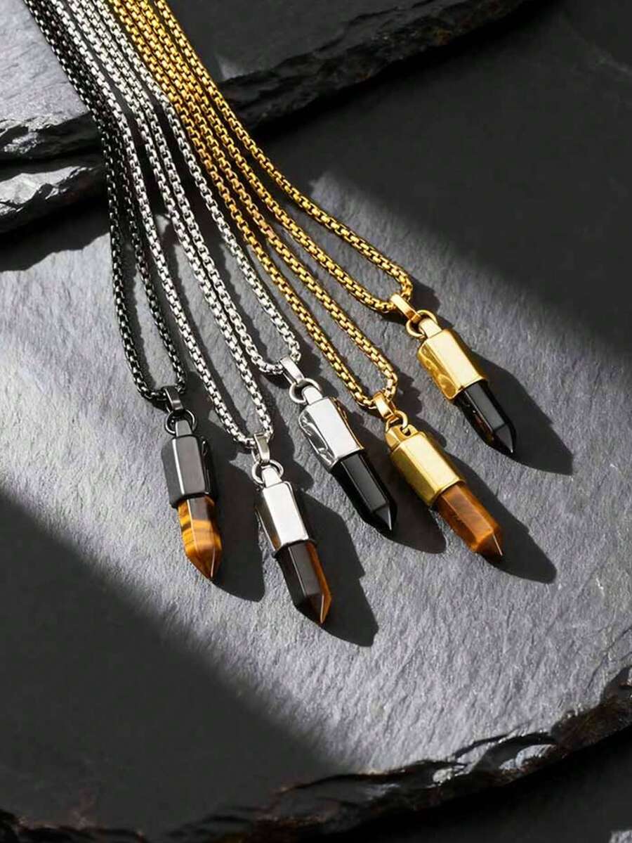 男士简约几何六边形切割黑色玛瑙虎眼石吊坠项链，单件装，黑色、棕色、金色、银色可选。 - 2227 - 查看 1