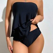 Swim Lushoire Elegant Ruffled Hem Women Tankini Set Summer - Negro - Ver 4