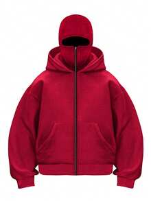 Balaklava, A Must-Have Item For Social Anxiety Sufferers. A Face-Covering Style, Loose Large-Sized And Long Double-Layered Hooded Zipper-Style Pullover Hoodie And Hooded Sweater. Suitable For Men's Autumn/Winter Clothing, Halloween Costumes, Christmas Costumes, Men's Outerwear, Fashionable Style, Men's Hooded Sweater. - 紅色 - 查看 6