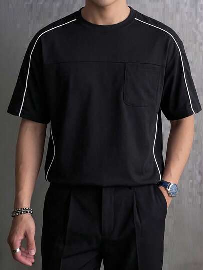 Vintage Men's Patchwork Contrast Color Pocket Loose Round Neck T-Shirt, Basic Solid Color Casual Summer Top