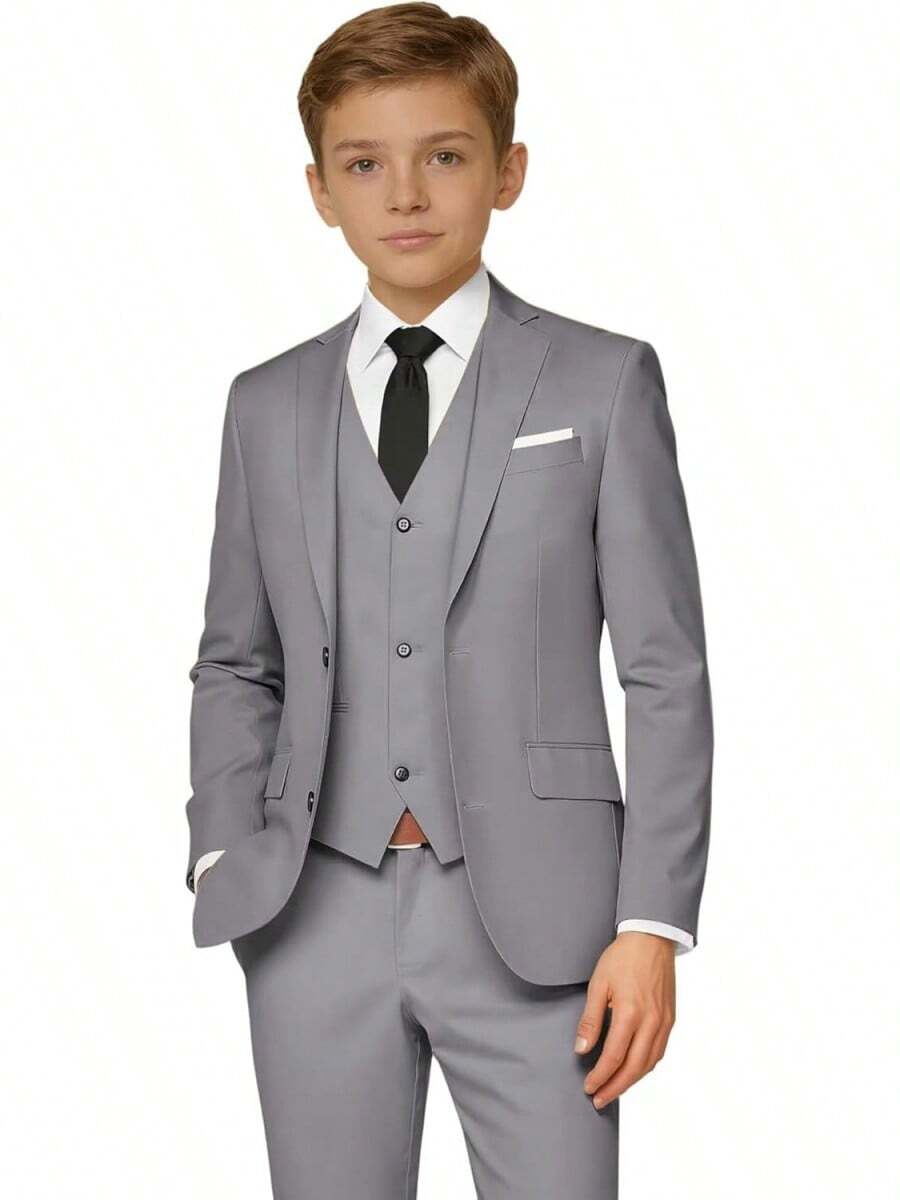 2026 Boys 5-Piece Formal Suit Set, Kids Wedding Communion Easter Tuxedo, Jacket Vest Pants With Shirt And Tie, Gentleman Formal Outfit - 淺灰色 - 查看 1