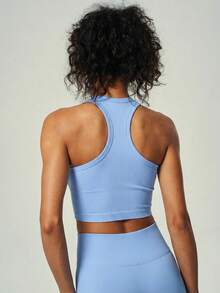I-Shaped Back Ribbed Crop Top, Seamless Workout Tank Sports - Blue - View 7