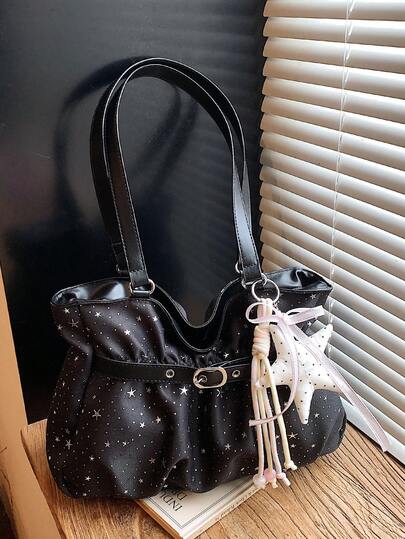 Túi xách nữ kiểu dáng thường ngày, màu trơn, chất liệu vải Oxford, họa tiết ngôi sao, xếp ly, thích hợp đeo vai.