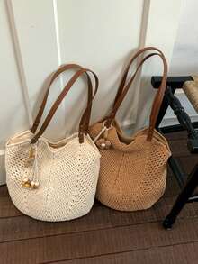 Sac en crochet ajouré ivoire/kaki, sangle en PU + décoration de perles en bois floral, sac à bandoulière décontracté pour les vacances à la plage & les trajets, sac sous le bras en maille fait main, sac fourre-tout de style bohème, sac de shopping d'été pour la plage - Multicolore - Voir 7