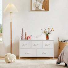 Sweetcrispy 5 Dresser Chest Bedroom, Metal Frame And Wood Top TV Stand Up To 40 Inch With Fabric Storage Drawer Units Living Room - 白色 - 查看 8