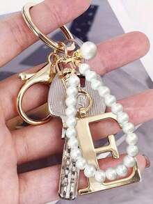 Advanced Elegant Golden Pearl Letter Keychain, Letters A-Z Three-Dimensional Pendant, Elegant Pearl Chain Flash Diamond (Removable According To Personal Preference) Fashion Alloy Keychain Ring, Earphone Pendant, Backpack Charm Car Keychain - 金色 - 查看 9