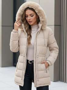 Women's Puffer Jacket With Faux Fur Lining For Winter With Hood - Beis - Ver 3