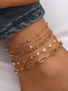 5pcs/Set Fashionable Minimalist Relaxed Vibe Gold Chain Anklets, Multi-Layer Stackable Anklet Jewelry Suitable For Sneakers, Casual Shoes, Formal Wear, Daily Wear, Sports, Photography For Women. Note: Handmade Chain Length Is Customized, Quantity Of Beads Is Random. - Gold - View 1
