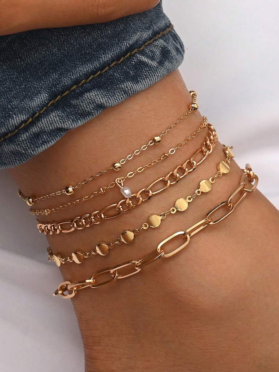 5pcs/Set Fashionable Minimalist Relaxed Vibe Gold Chain Anklets, Multi-Layer Stackable Anklet Jewelry Suitable For Sneakers, Casual Shoes, Formal Wear, Daily Wear, Sports, Photography For Women. Note: Handmade Chain Length Is Customized, Quantity Of Beads Is Random. - Gold - View 1