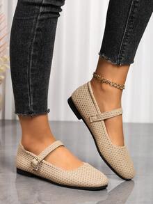 Sapatilhas Boneca Femininas com Aplicação de Strass, Sapatilhas Quadradas com Fivela, Calçado Casual de Sola Macia para Uso Diário e Escritório - Caqui - Visão 3