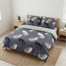 Set copripiumino in microfibra reversibile a 3 pezzi con stampa piume colorate, motivo grigio scuro, misure 160x200 180x200 220x200 - Grigio - Visualizzare 4