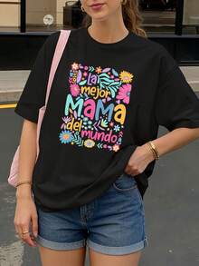 Camiseta Negra La Mejor Mama Del Mundo con Flores Coloridas para Mujer Casual - Negro - Ver 1