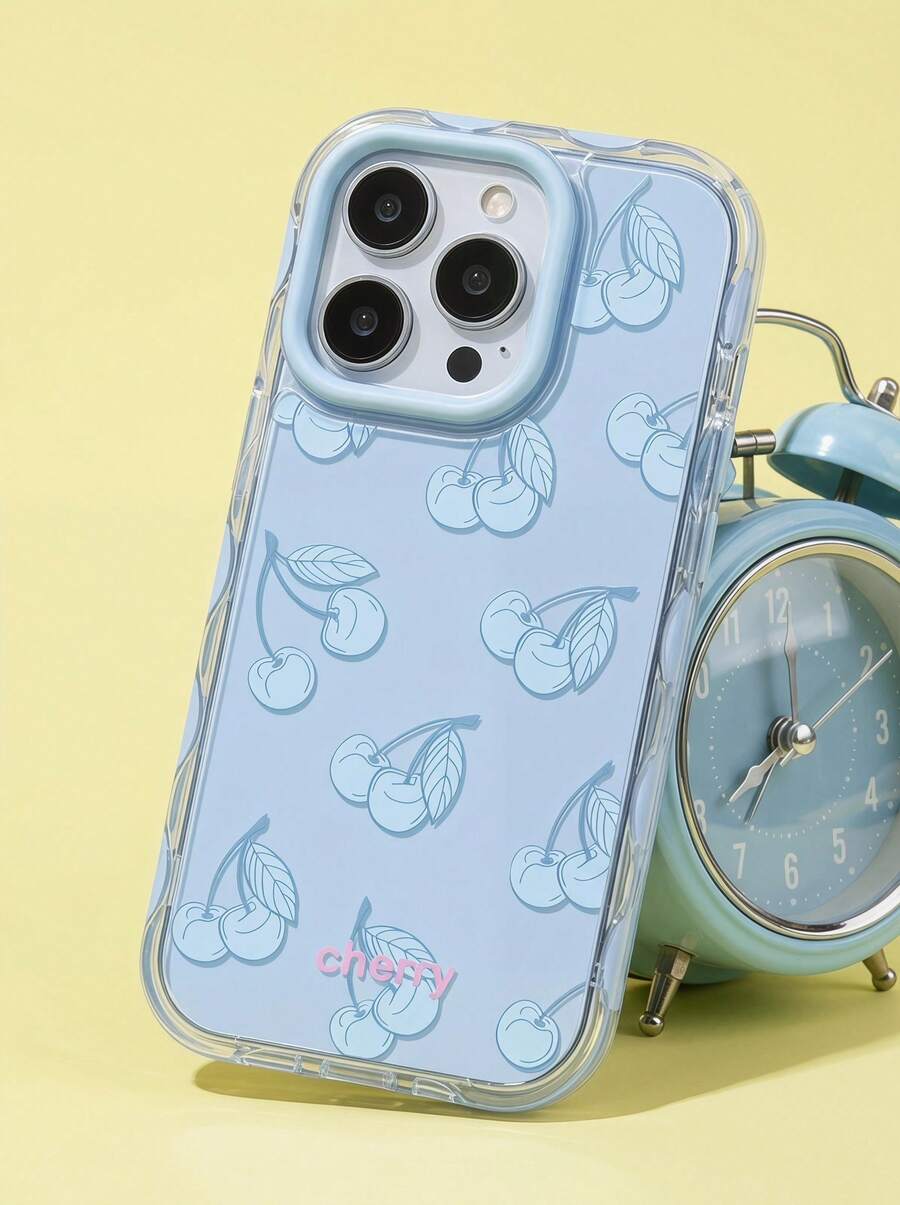 1 chiếc ốp lưng điện thoại thời trang mỏng màu xanh da trời nhạt họa tiết quả anh đào, thiết kế đường kẻ cá nhân, viền lượn sóng, tương thích với iPhone 16, 15, 14, 13, 12 Pro Max, 11, ốp lưng chống sốc dễ thương kiểu Hàn Quốc, quà tặng cho nữ, tương thích với iPhone 17/17 Pro/17 Pro Max/17 Air Spring, quà sinh nhật. - Toàn màn hình anh đào - Xem 1