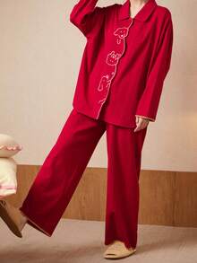 Gongdie 女士红色长袖纯棉睡衣套装（2件套），春秋季 - 紅色 - 查看 9