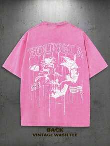 1PC Y2K Vintage Washed Men's T-Shirt Cotton 230Gsm Thickened Unisex Graphic Tee YLA Dripping Skull Design Gifts For Men Boyfriend Comfortable Value Pack - 粉紅 - 查看 2
