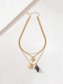 1 chiếc vòng cổ mặt dây chuyền nhiều lớp cá nhân hóa dành cho nữ, đính đá không đối xứng và các họa tiết sinh vật biển. - Vàng - Xem 2