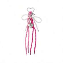 1 Pc Silver Big Heart Pearl Bow Keychain Cute Pearl Design For Girls Women Y2K Key Chains Bag Purse Charm Accessory - Pink - View 4