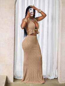 Conjunto de top halter metálico calado y minifalda para mujer - Caqui - Ver 3