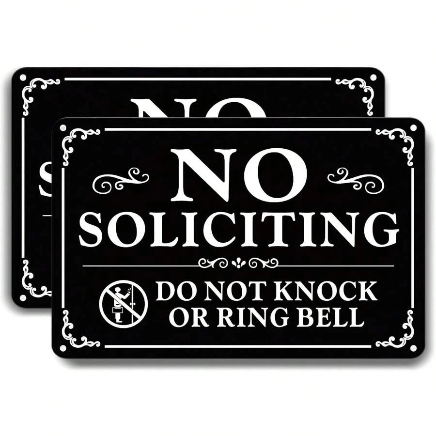 No Soliciting Sign Front Door 9*6 Inches, 2 Pack Self-Adhesive Aluminum Metal Do Not Knock Or Ring Bell Sign, Weatherproof Rustproof No Soliciting Signs House Yard Business, Fade Resistant - 1 - View 1