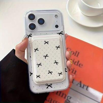 1 chiếc ví đựng thẻ từ tính họa tiết nơ đen, ví đựng thẻ đôi bằng da giả, tương thích với Apple.