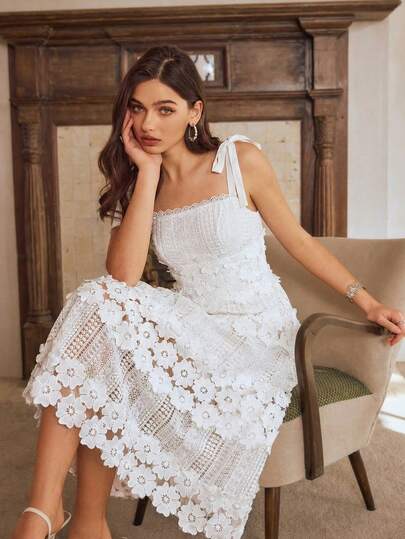 Simplee Women's Summer New White Water-Soluble Lace Dress, Delicate Floral Patchwork And Lace Trim Decor, Adjustable Bow Shoulder Straps, A-Line Hem For Easy Movement, Suitable For Weddings, Parties, Graduations, Dates, Vacations Elegant