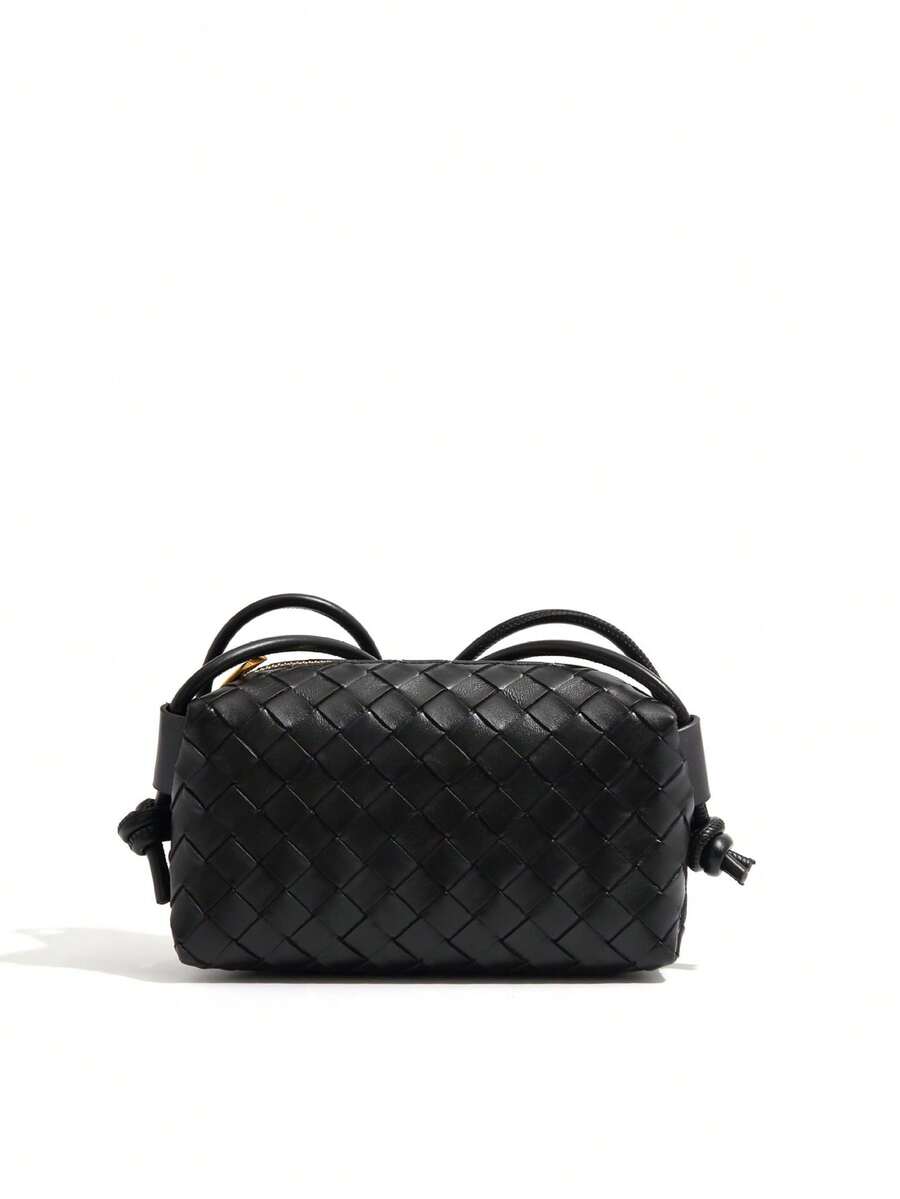 Elegant Black Woven Mini Crossbody Bag For Women, Soft PU Leather Square Shoulder Bag With Cute Bow Decor, Detachable Long Strap, Woven Texture Handbag, Casual Daily Clutch, Minimalist Fashion Tote, Lightweight Shoulder Bag, Multifunctional Crossbody Bag Suitable For Work, Date, Travel, Shopping, Office, Fashion Woven Handbag, Sophisticated Evening Clutch, Durable Soft PU Leather Wristlet, Stylish Bow Decor Crossbody Bag - Black - View 1
