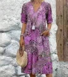 New European American Fashion Printed Lace Trimmed V Neck Short Sleeve Dress - 藍色 - 查看 3
