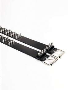 1pc Gothic Style Triple Row Rivet Spiked Women's Belt, Solid Color Punk PU Leather - Black - View 4