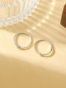 Gift Box Set Couple Rings With Star & Moon Design, Cubic Zirconia Inlaid Shiny Jewelry, Suitable As Holiday Gift - Silver - View 4