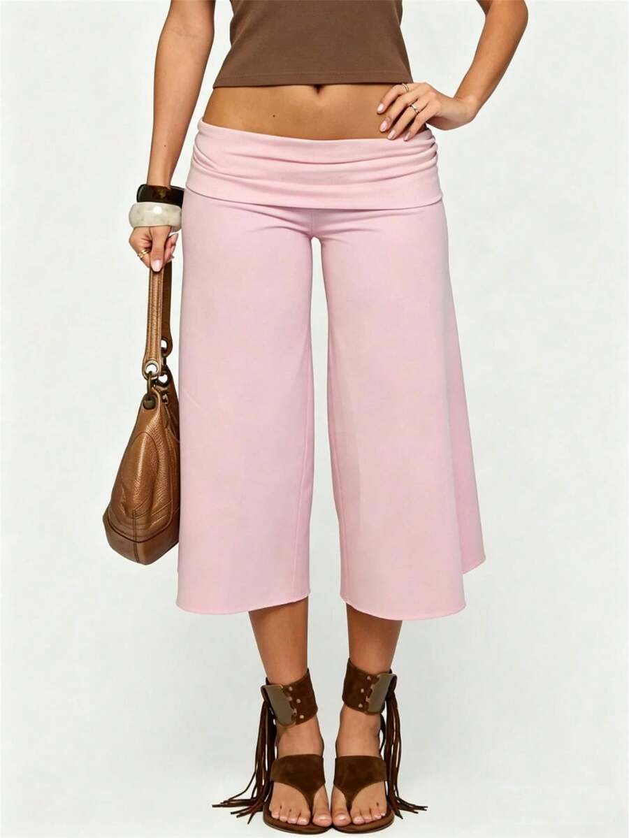 Fold Over Gaucho Pants Culottes For Women Low Rise Capris Foldover Flowy Going Out Flare Bottoms Wide Leg Capri Pants - Pink - View 1