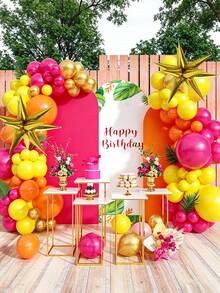 121pcs Summer Party Balloon Arch Set, Includes Gold Foil Star Balloons, Faux Turtle Shell Leaves, Yellow Orange Pink Latex Balloons, Suitable For Summer Parties, Holidays, Dining, Indoor Photoshoot, Tropical Hawaiian Parties, Beach Parties - Multicolor - View 6