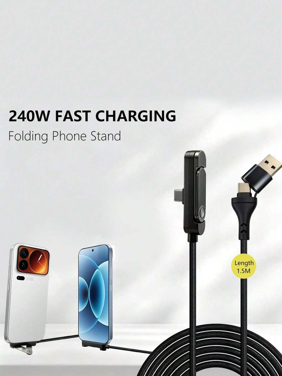 2-In-1 240W(Max) Fast Charging Foldable Stand Data Cable, Nylon Braided Fast Charging Cable, Mother's Day Gift, Foldable Phone/Tablet Stand, Type-C To Type-C, Compatible With IPhone17/16/15/CarPlay/Honor/Laptop/Tablet, High-Efficiency Charging Cable - Multicolor - View 1