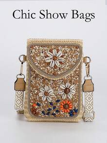 女士波西米亚风草编斜挎包，新款时尚串珠编织单肩手机包 - 彩色 - 查看 10