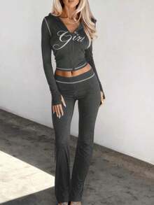 Women Casual Printed "Girl" Zip-Up Hoodie And Pants Set, Street Style Sporty Long Sleeve Two Pieces Outfit, Suitable For Party And Gathering Wear, Autumn Spring - Màu xám đen - Xem 4
