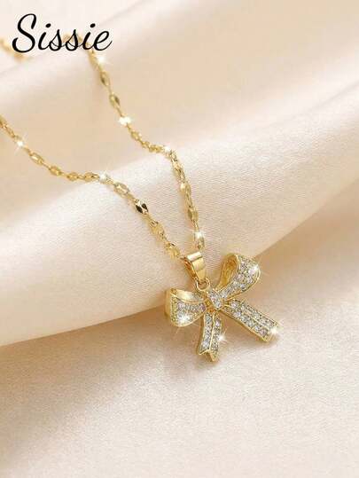 1 chiếc dây chuyền mặt nơ lấp lánh, xinh xắn, thời trang dành cho bé gái, đính đá Cubic Zirconia, quà sinh nhật và trang sức vàng đeo hàng ngày, thích hợp cho mùa tựu trường.
