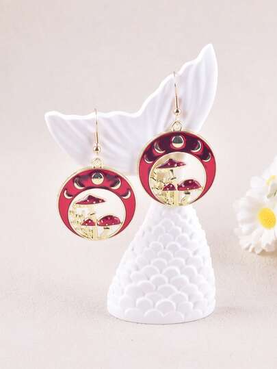 1 paire de boucles d'oreilles pendantes à la mode avec lune creuse et champignon, décoration de bijoux pour fête pour femmes