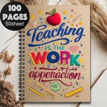 1pc Creative Spiral Coil Notebook For Teachers, Cover Slogan "Teaching Is The Work Appreciation" With Apple, Star Decorations, 100 Pages Suitable For Work Records, Study Notes, School Graduation, Birthday Gifts And More - L - View 5