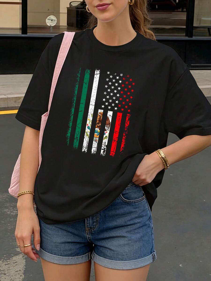 Camiseta Negra con Bandera Mexico Estados Unidos Estilo Vintage para Mujer Casual - Negro - Ver 1