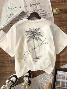 Women's Cotton T-Shirts Women's Cotton T-Shirts Women's Short Sleeve T-Shirt With Round Neck And Palm Tree Print, Ideal For Summer And Beach Holidays - 杏色 - 查看 2