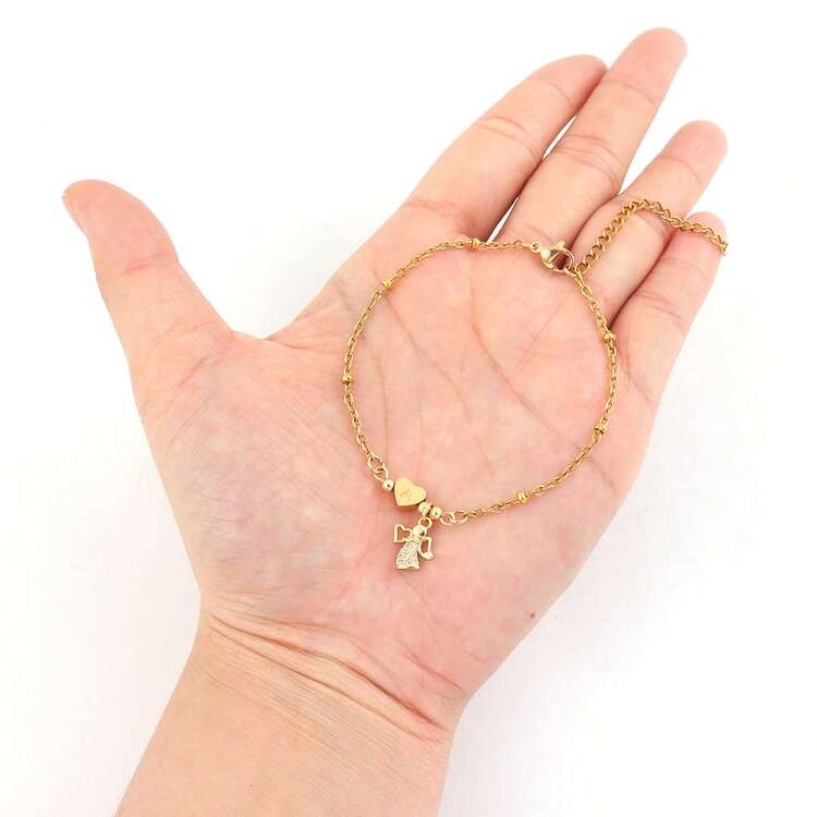 1条时尚经典心形字母天使金色不锈钢珠链手链，女士款 - 金黃色 - 查看 3