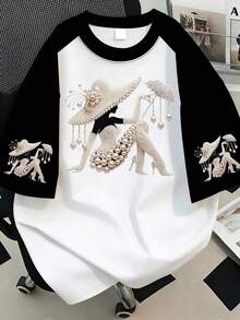 Pearl Queen Print Raglan T-Shirt, Plus Size Women's Casual Color Block Top, Suitable For Summer Vacation, Beach, Spring, Mother's Day, Daily Wear, Wedding, Beach, Gym, Graduation, Party, Fashionable - Multicolor - View 1
