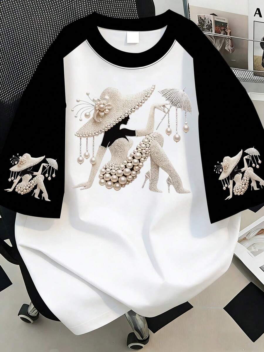 Pearl Queen Print Raglan T-Shirt, Plus Size Women's Casual Color Block Top, Suitable For Summer Vacation, Beach, Spring, Mother's Day, Daily Wear, Wedding, Beach, Gym, Graduation, Party, Fashionable - Multicolor - View 1