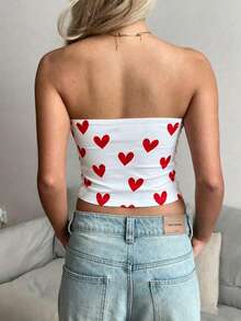 Áo croptop hai dây dễ thương cho nữ, áo hai dây dệt kim màu trắng không dây với họa tiết trái tim đỏ tinh nghịch, hơi xuyên thấu, thích hợp mặc mùa hè. - trắng - Xem 4