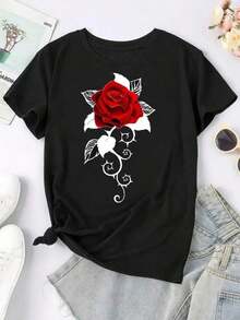Round Neck T-Shirt With Rose Print 100% Cotton - Black - View 4