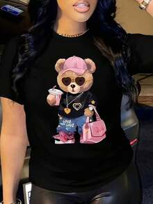 100% cotton T-shirt de moda con diseño de oso divertido para mujeres jóvenes casuales en color negro, disponible en tallas S a XL, camiseta de algodón cómoda ideal para el uso diario, casual y urbano. - Negro - Ver 1