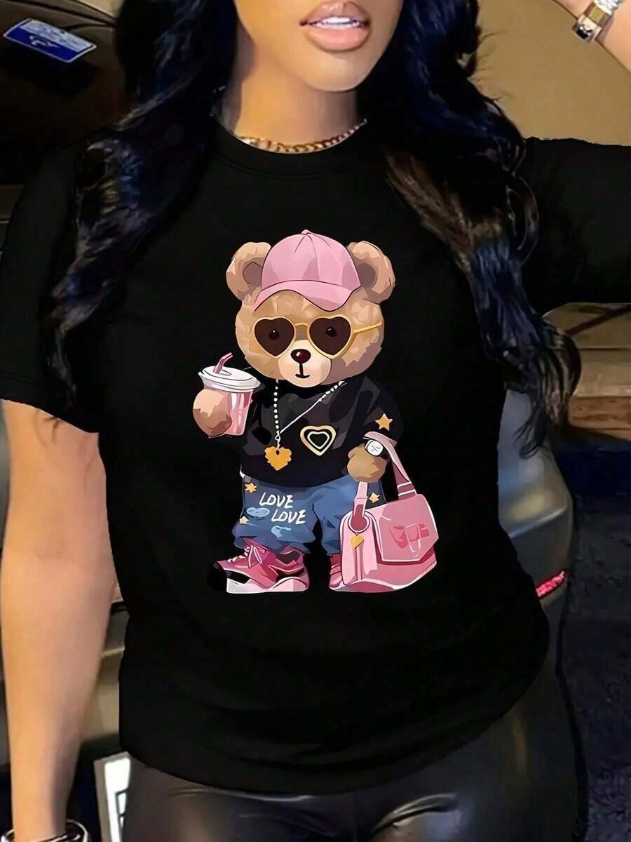 100% cotton T-shirt de moda con diseño de oso divertido para mujeres jóvenes casuales en color negro, disponible en tallas S a XL, camiseta de algodón cómoda ideal para el uso diario, casual y urbano. - Negro - Ver 1