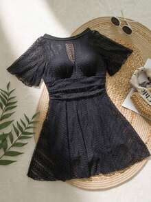 Women's Summer Beach Vacation Round Neck Ruffle Hem Casual Swimsuit Dress - Negro - Ver 3