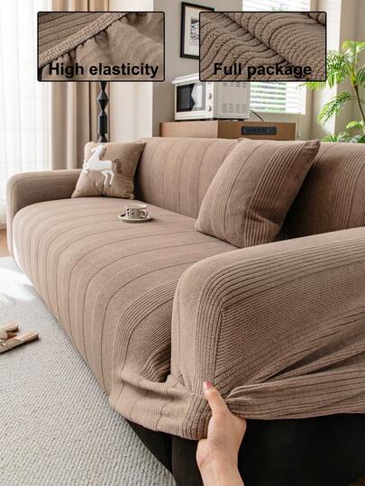 1pc Jacquard Sofa Cover, Thickened Plush Fabric Solid Color Elastic Full Wrap-Around Sofa Slipcover, Suitable For All Seasons, Pet-Friendly, Anti-Slip, Washable, Ideal For Home Decor And Holiday Decoration
