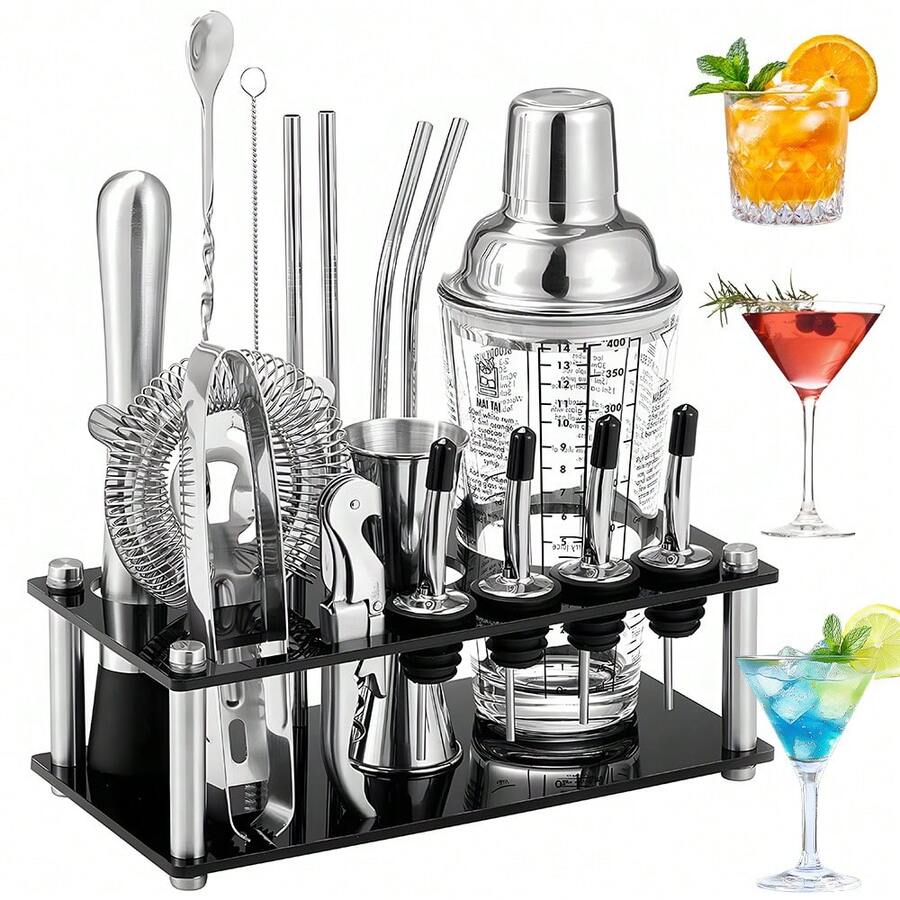 17-teiliges Cocktail-Shaker-Set Aus Edelstahl Mit Ständer – Professionelle Bar-Accessoires Für Zuhause & Partys, Ideales Geschenk Für Hobby-Barkeeper - Übersicht 1